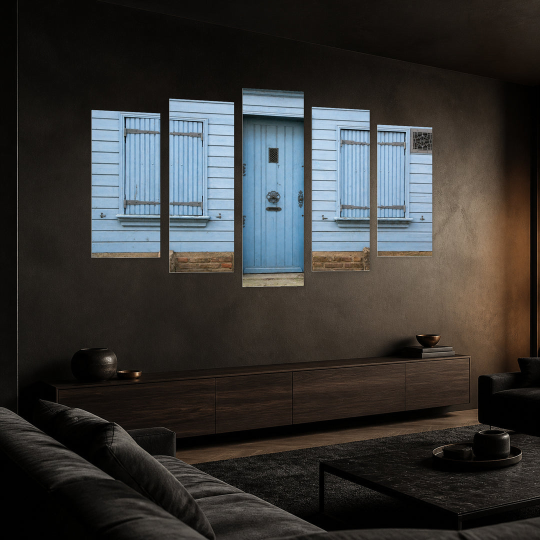 Vintage Details on a Blue Door — five-panel wall art in perspective interior | 5wallart 55743 M2