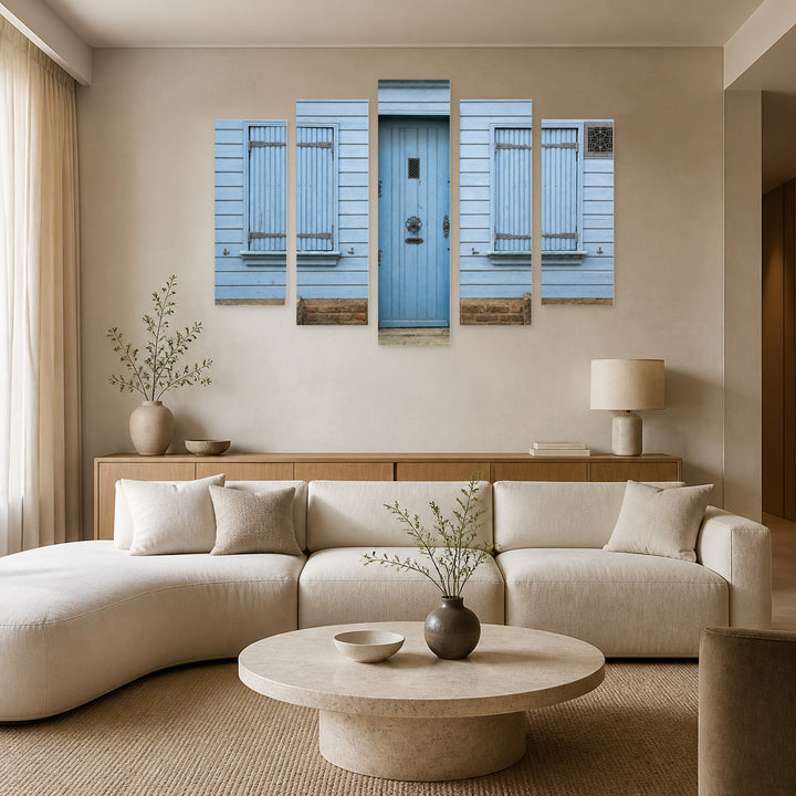 Vintage Details on a Blue Door — five-panel wall art in frontal interior | 5wallart 55743 M3
