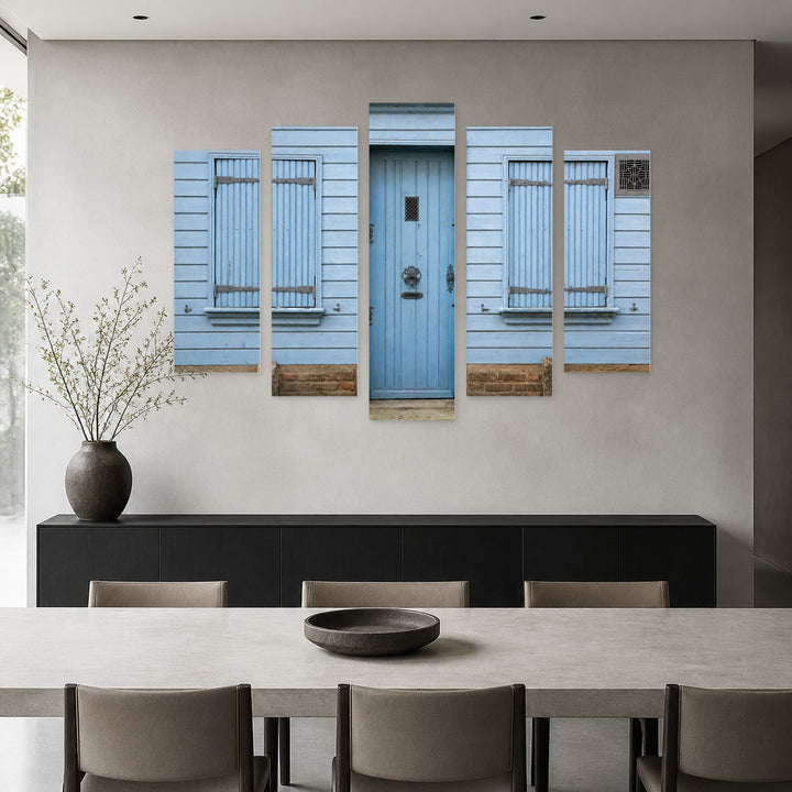Vintage Details on a Blue Door — five-panel wall art in alternate frontal interior | 5wallart 55743 M4