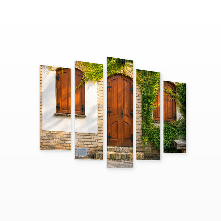 Rural House Facade in Serene Light — five-panel wall art on white background in perspective | 5wallart 55744 M1