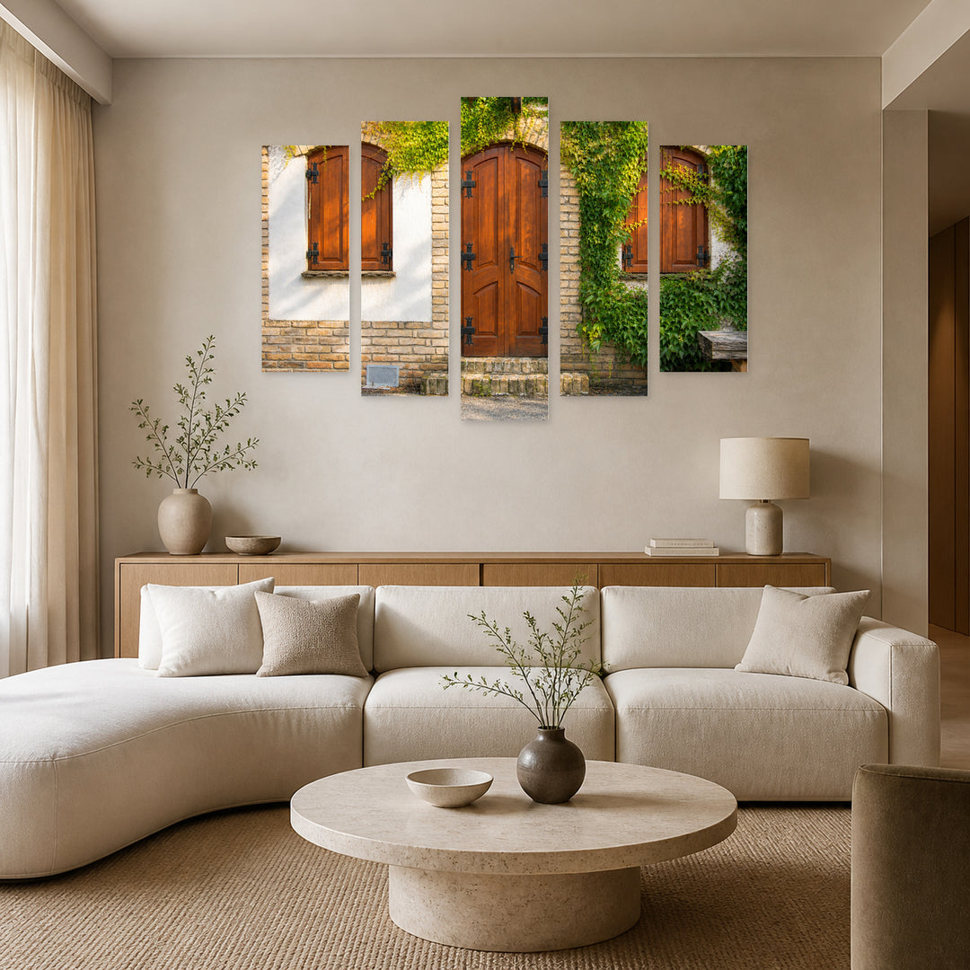 Rural House Facade in Serene Light — five-panel wall art in alternate frontal interior | 5wallart 55744 M4