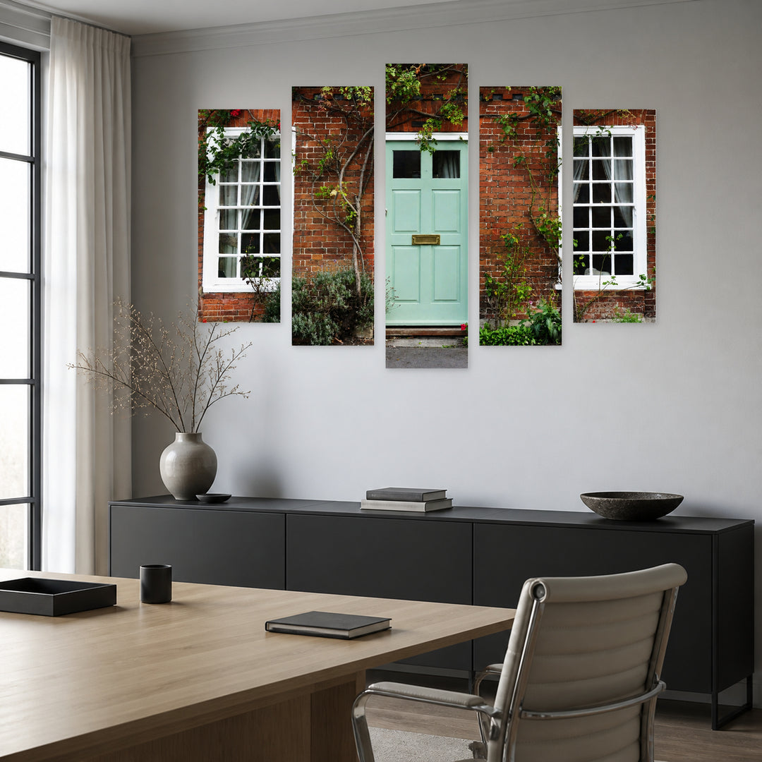 Old Red Brick House in London Urban Panorama — five-panel wall art in alternate frontal interior | 5wallart 55745 M4