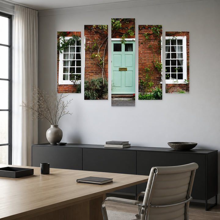 Old Red Brick House in London Urban Panorama — five-panel wall art in alternate frontal interior | 5wallart 55745 M4