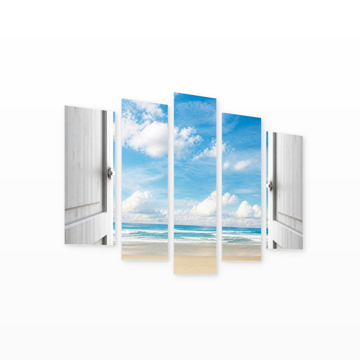 Door to the Beach in Serene Light — five-panel wall art on white background in perspective | 5wallart 55746 M1