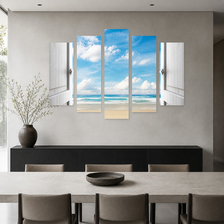 Door to the Beach in Serene Light — five-panel wall art in frontal interior | 5wallart 55746 M3