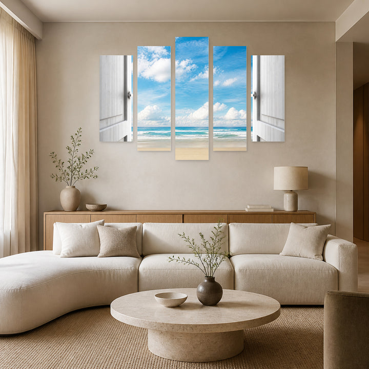 Door to the Beach in Serene Light — five-panel wall art in alternate frontal interior | 5wallart 55746 M4