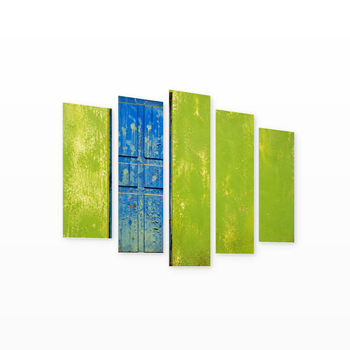 Blue Door on a Green Wall Urban Panorama — five-panel wall art on white background in perspective | 5wallart 55747 M1