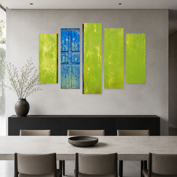 Blue Door on a Green Wall Urban Panorama — five-panel wall art in alternate frontal interior | 5wallart 55747 M4