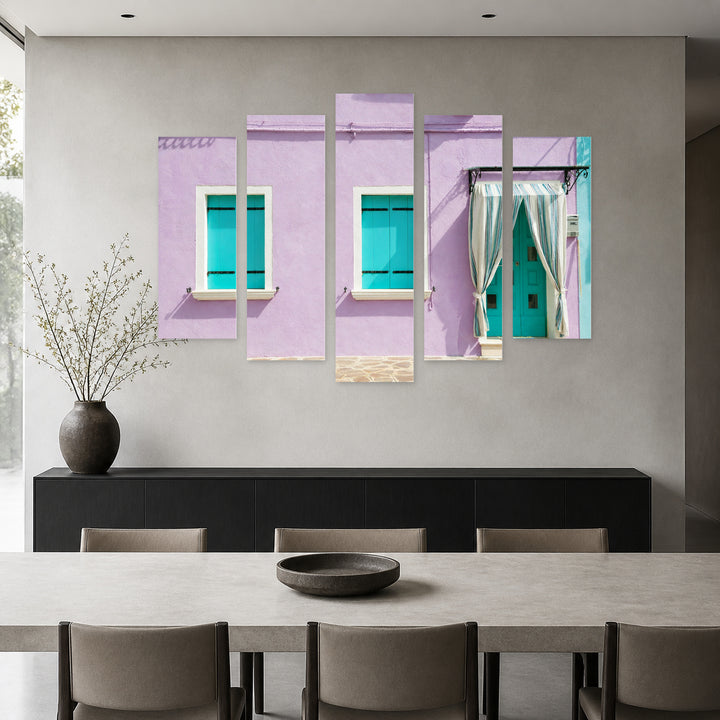 House with Purple Walls with Dreamlike Atmosphere — five-panel wall art in frontal interior | 5wallart 55748 M3