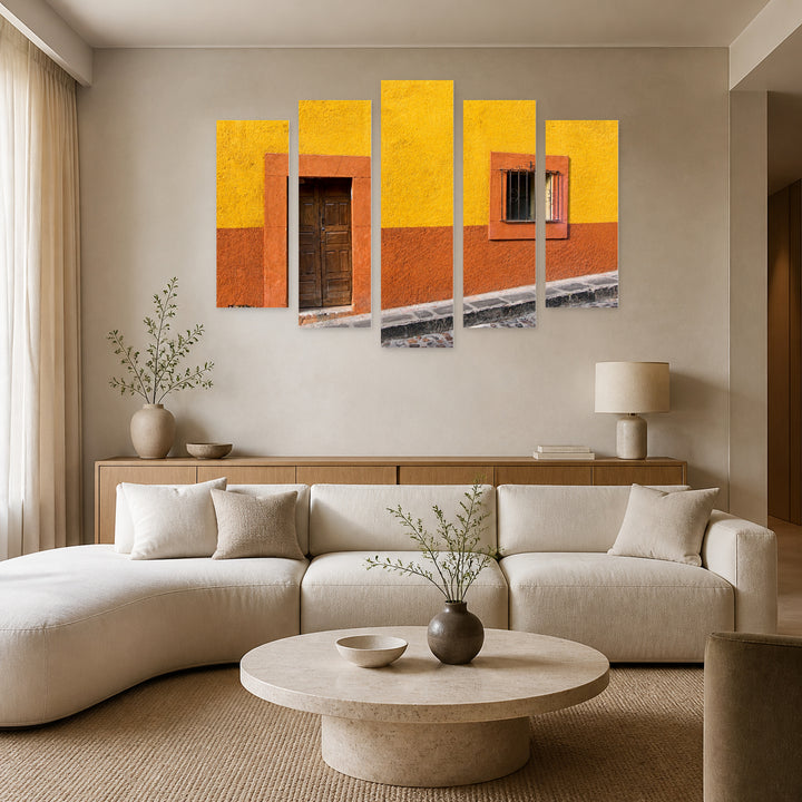 Colorful Wall with Geometric Rhythm — five-panel wall art in alternate frontal interior | 5wallart 55750 M4
