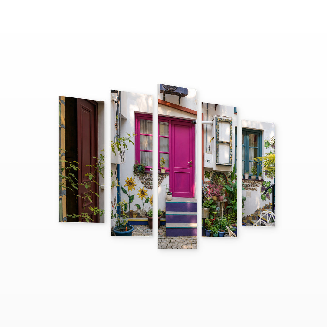 White House with Pink Door with Dreamlike Atmosphere — five-panel wall art on white background in perspective | 5wallart 55751 M1