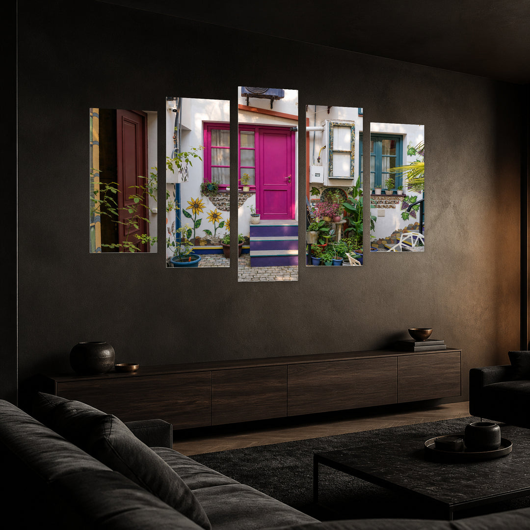 White House with Pink Door with Dreamlike Atmosphere — five-panel wall art in perspective interior | 5wallart 55751 M2