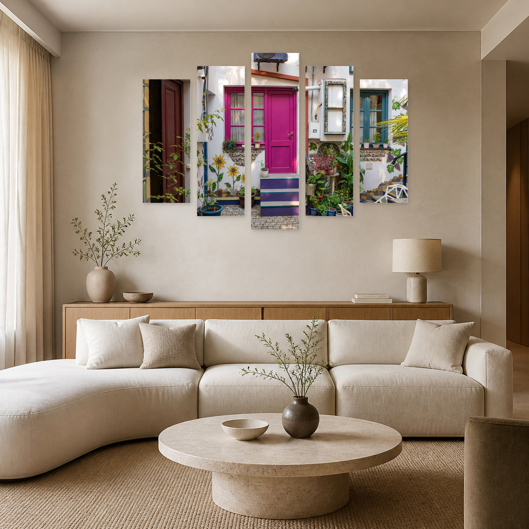 White House with Pink Door with Dreamlike Atmosphere — five-panel wall art in frontal interior | 5wallart 55751 M3
