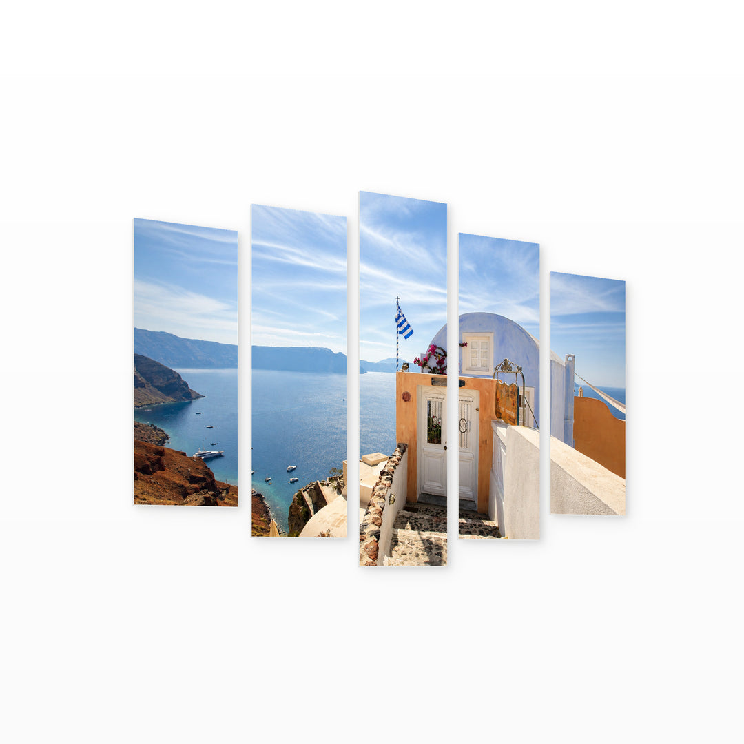 Small House with Sea View in Serene Light — five-panel wall art on white background in perspective | 5wallart 55752 M1