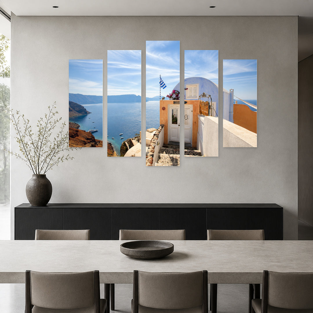 Small House with Sea View in Serene Light — five-panel wall art in frontal interior | 5wallart 55752 M3