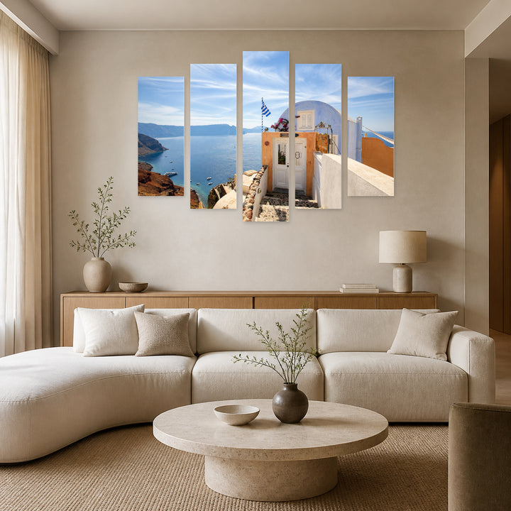 Small House with Sea View in Serene Light — five-panel wall art in alternate frontal interior | 5wallart 55752 M4
