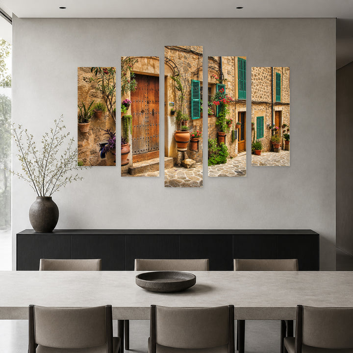Charming Antique Facade Vintage Study — five-panel wall art in alternate frontal interior | 5wallart 55753 M4