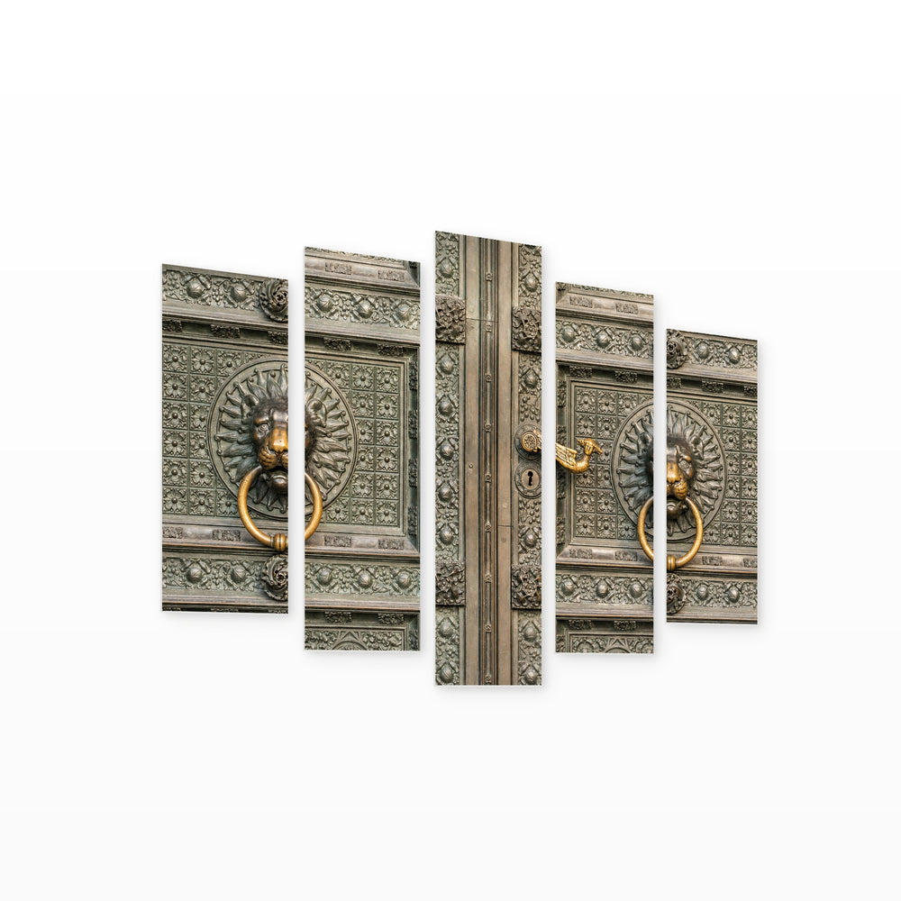 Antique Iron Door in Serene Light — five-panel wall art on white background in perspective | 5wallart 55754 M1