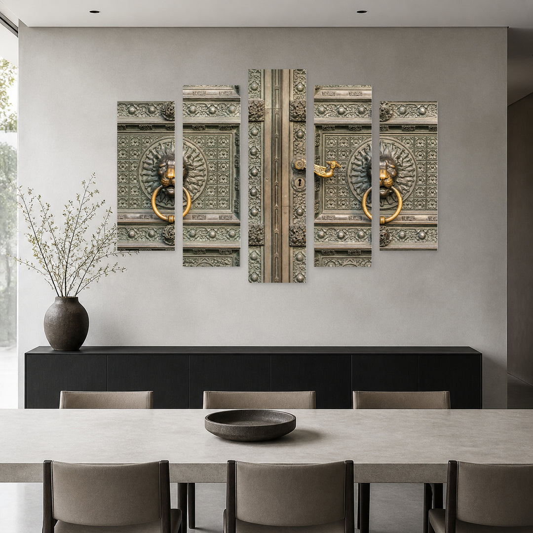 Antique Iron Door in Serene Light — five-panel wall art in frontal interior | 5wallart 55754 M3