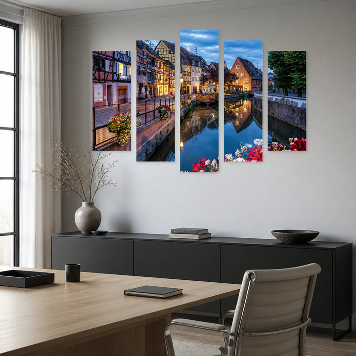 Quaint Town in France with Dreamlike Atmosphere — five-panel wall art in frontal interior | 5wallart 55756 M3