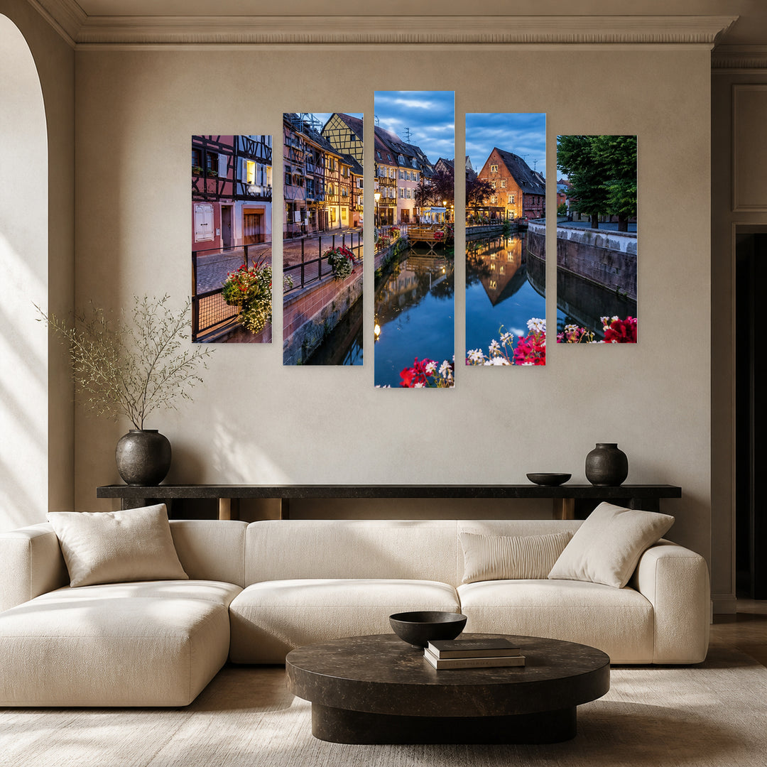 Quaint Town in France with Dreamlike Atmosphere — five-panel wall art in alternate frontal interior | 5wallart 55756 M4