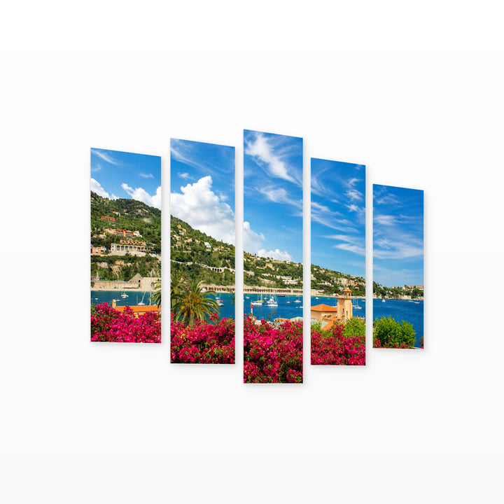 French Riviera in Blue and Gold — five-panel wall art on white background in perspective | 5wallart 55757 M1
