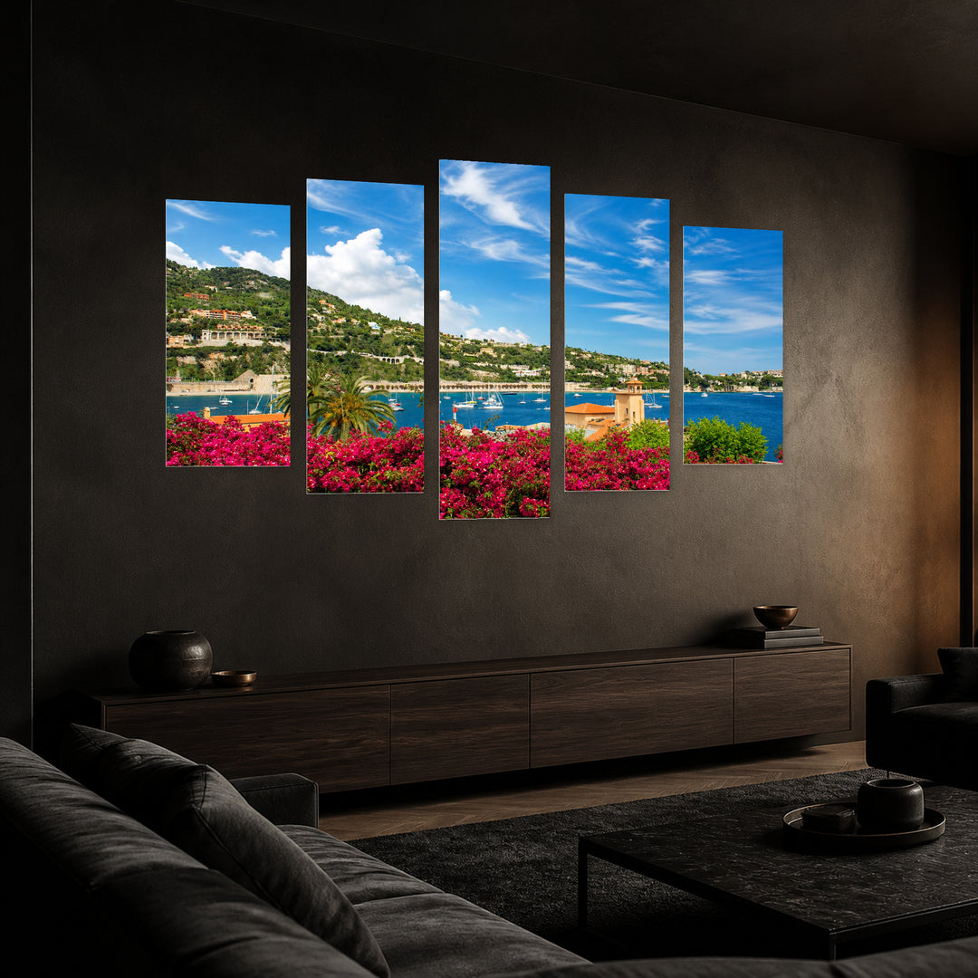 French Riviera in Blue and Gold — five-panel wall art in perspective interior | 5wallart 55757 M2
