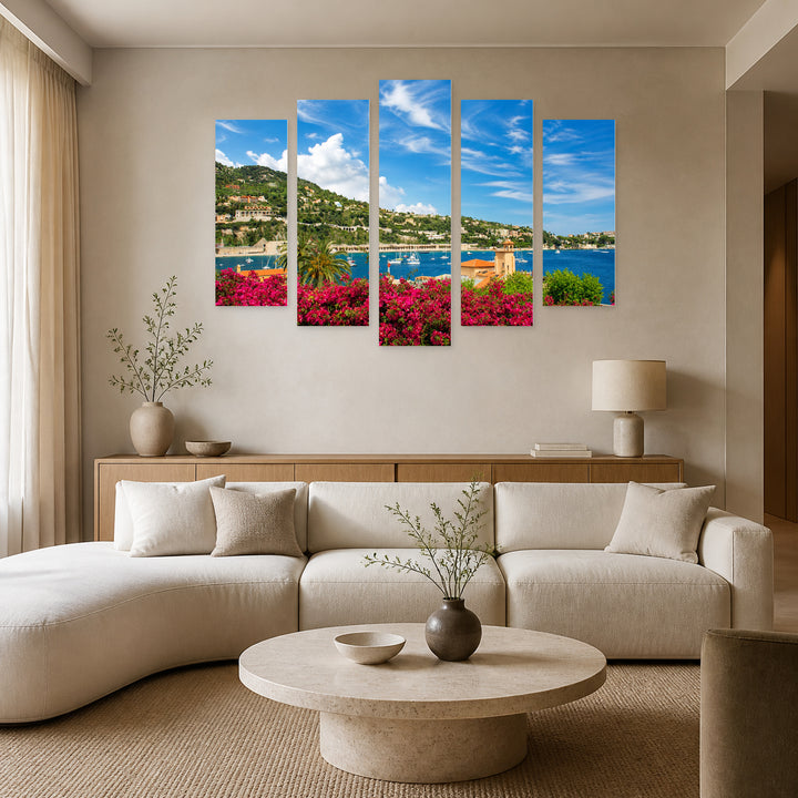 French Riviera in Blue and Gold — five-panel wall art in frontal interior | 5wallart 55757 M3