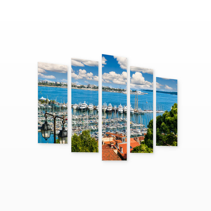 Cannes, France with Geometric Rhythm — five-panel wall art on white background in perspective | 5wallart 55760 M1