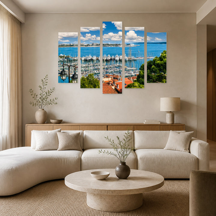 Cannes, France with Geometric Rhythm — five-panel wall art in alternate frontal interior | 5wallart 55760 M4