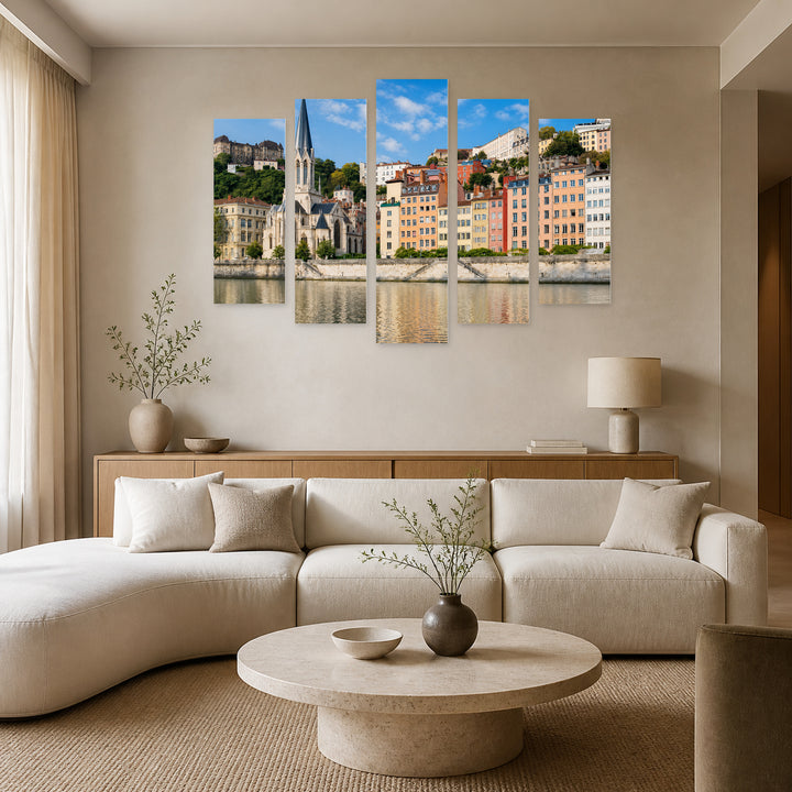 Colorful Houses in Lyon with Geometric Rhythm — five-panel wall art in frontal interior | 5wallart 55761 M3