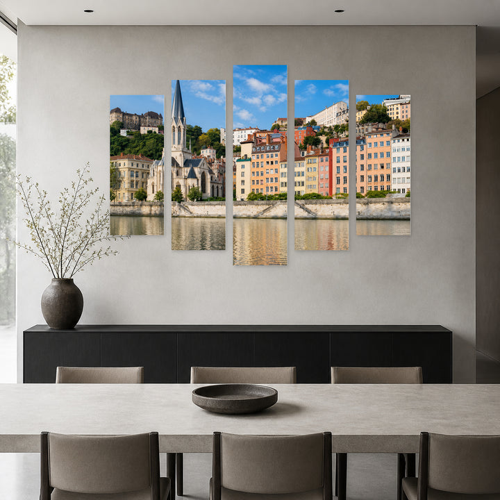 Colorful Houses in Lyon with Geometric Rhythm — five-panel wall art in alternate frontal interior | 5wallart 55761 M4