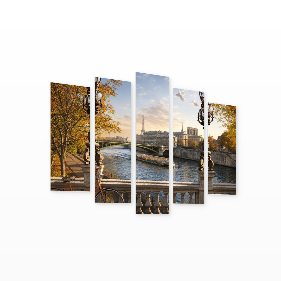 Seine River in Paris with Dreamlike Atmosphere — five-panel wall art on white background in perspective | 5wallart 55762 M1