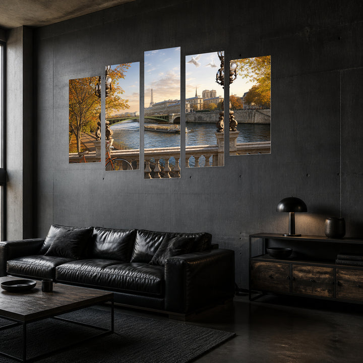 Seine River in Paris with Dreamlike Atmosphere — five-panel wall art in perspective interior | 5wallart 55762 M2