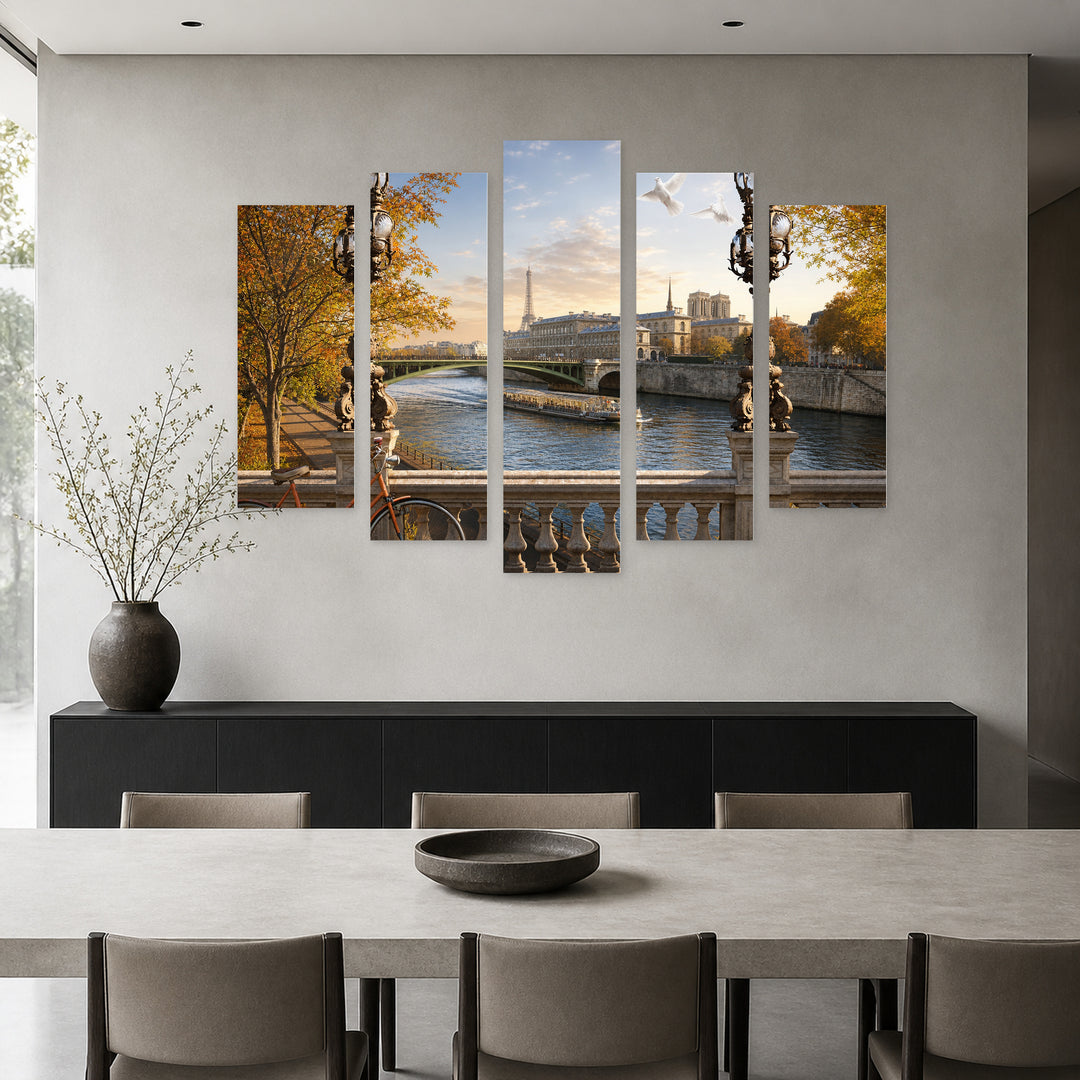 Seine River in Paris with Dreamlike Atmosphere — five-panel wall art in frontal interior | 5wallart 55762 M3