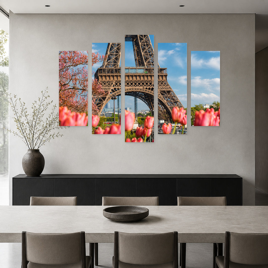 Spring in Paris in Vivid Color — five-panel wall art in frontal interior | 5wallart 55764 M3