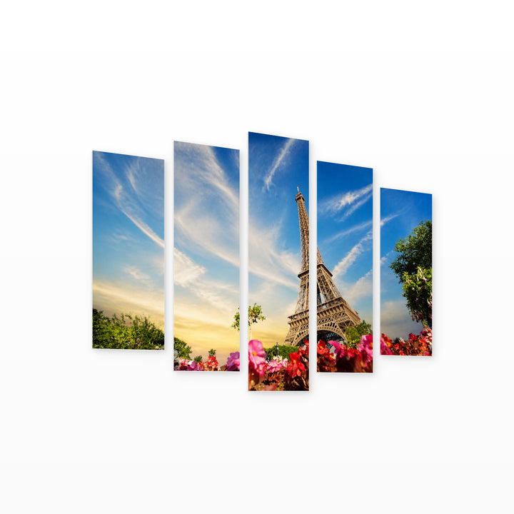 Eiffel Tower in Blue and Gold — five-panel wall art on white background in perspective | 5wallart 55765 M1