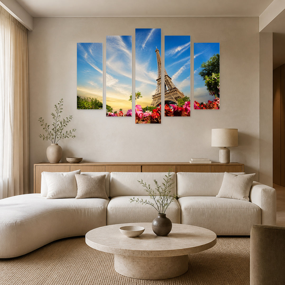Eiffel Tower in Blue and Gold — five-panel wall art in frontal interior | 5wallart 55765 M3