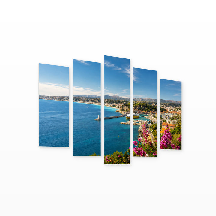 View of the French Riviera in Serene Light — five-panel wall art on white background in perspective | 5wallart 55766 M1