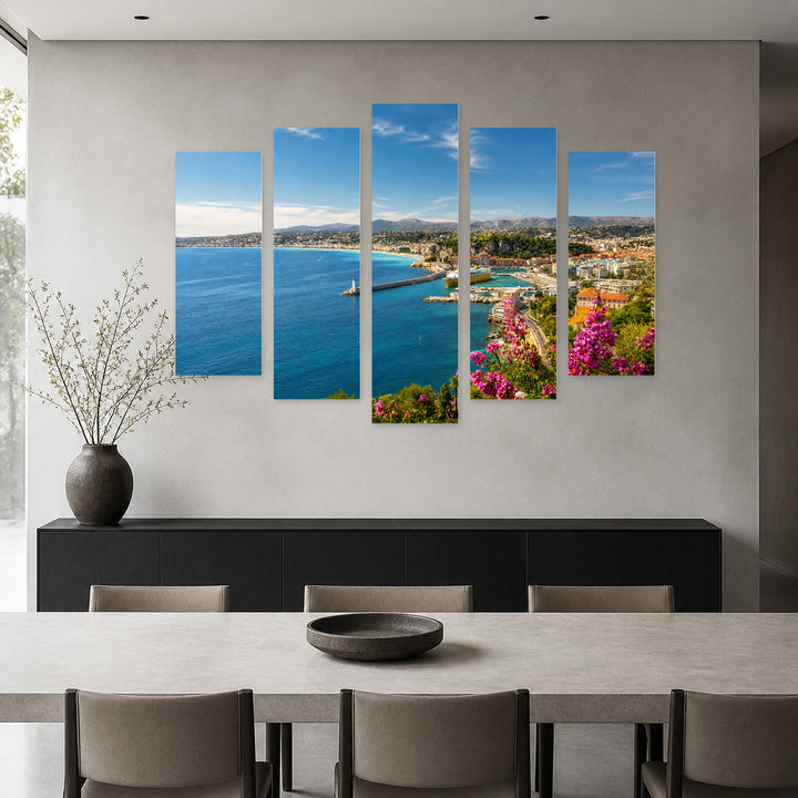 View of the French Riviera in Serene Light — five-panel wall art in frontal interior | 5wallart 55766 M3