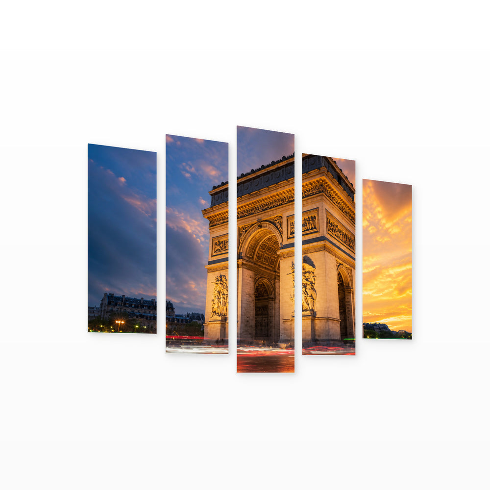 Golden Sunset over Arc De Triomphe in Paris — five-panel wall art on white background in perspective | 5wallart 55768 M1
