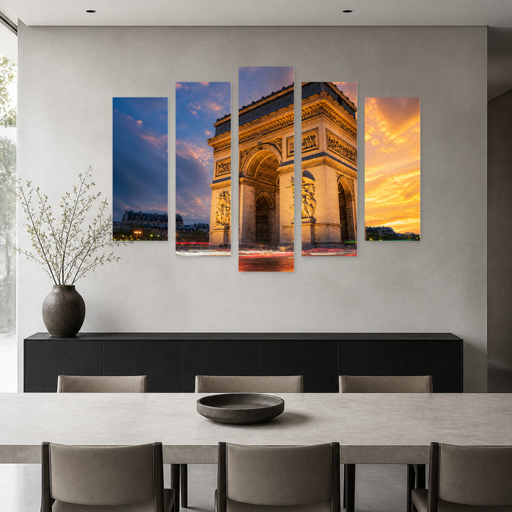 Golden Sunset over Arc De Triomphe in Paris — five-panel wall art in frontal interior | 5wallart 55768 M3