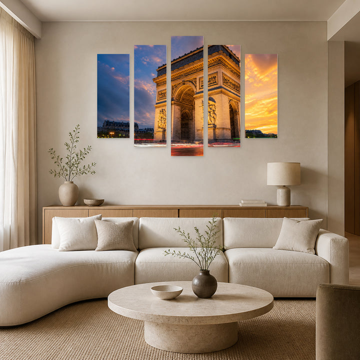 Golden Sunset over Arc De Triomphe in Paris — five-panel wall art in alternate frontal interior | 5wallart 55768 M4