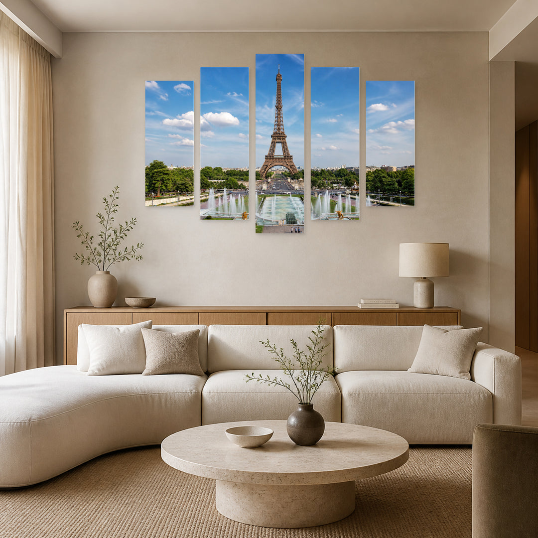 View of the Eiffel Tower Urban Panorama — five-panel wall art in frontal interior | 5wallart 55769 M3