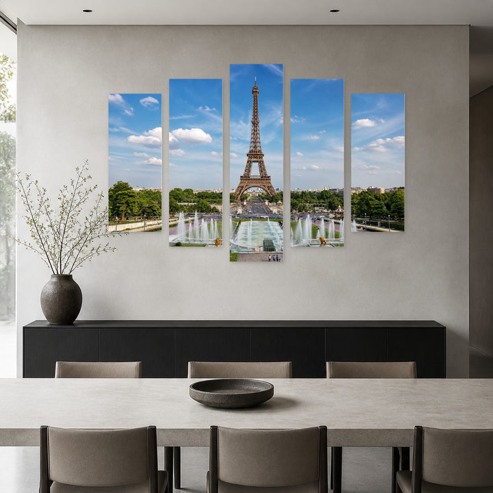 View of the Eiffel Tower Urban Panorama — five-panel wall art in alternate frontal interior | 5wallart 55769 M4