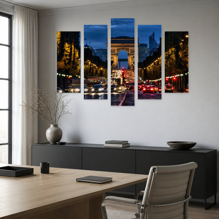 View of the Arc De Triomphe After Dark — five-panel wall art in frontal interior | 5wallart 55770 M3