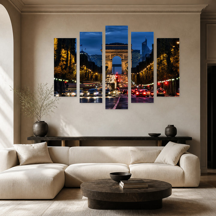 View of the Arc De Triomphe After Dark — five-panel wall art in alternate frontal interior | 5wallart 55770 M4