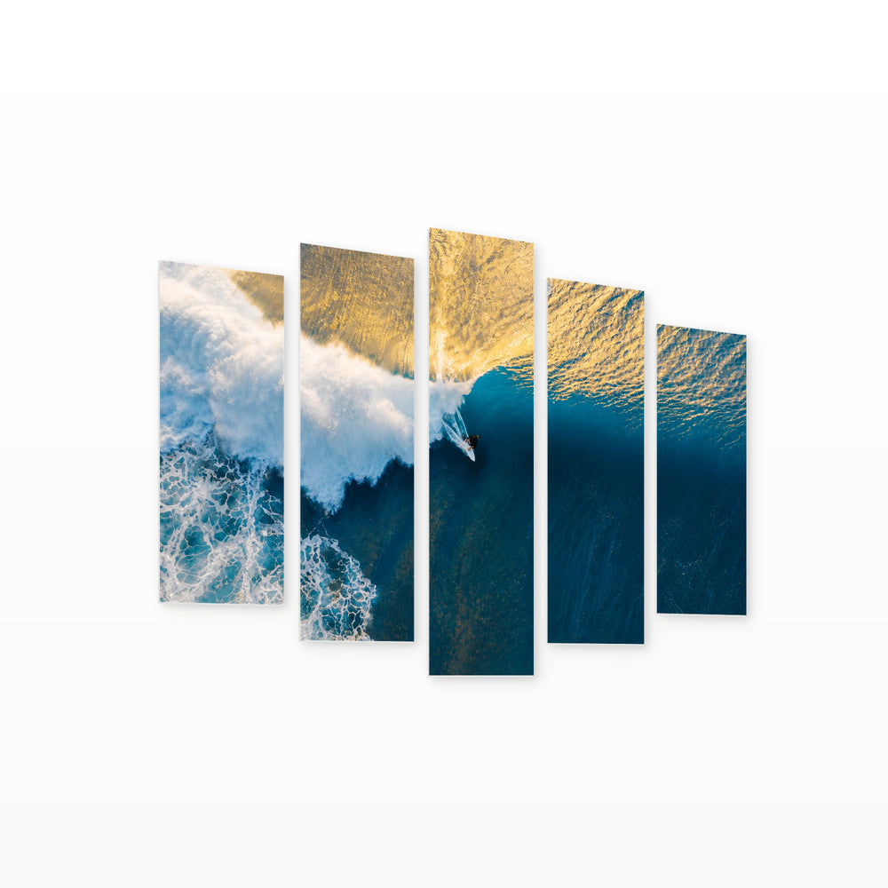Surfing in Blue and Gold — five-panel wall art on white background in perspective | 5wallart 55771 M1