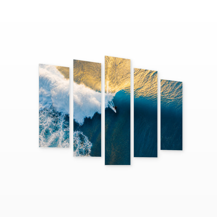 Surfing in Blue and Gold — five-panel wall art on white background in perspective | 5wallart 55771 M1