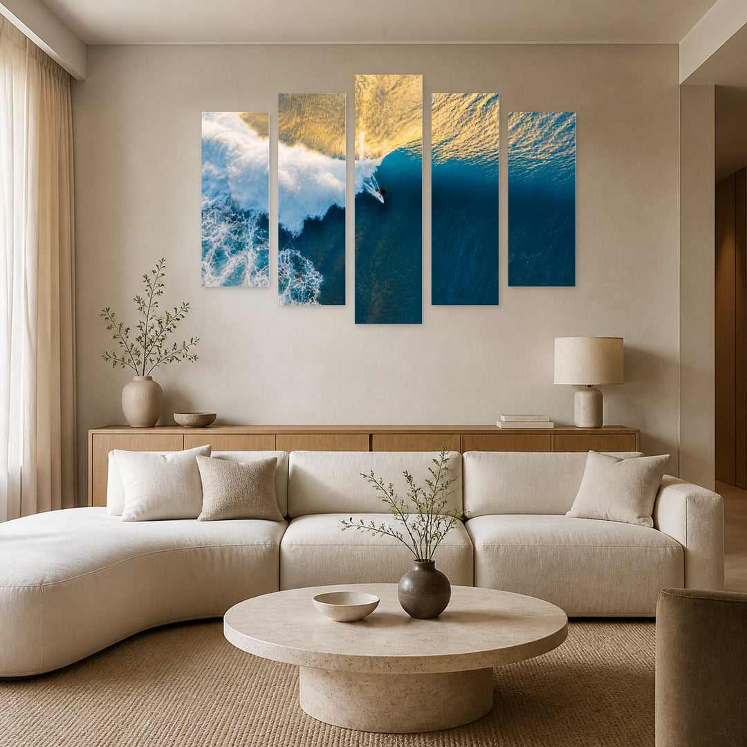 Surfing in Blue and Gold — five-panel wall art in frontal interior | 5wallart 55771 M3